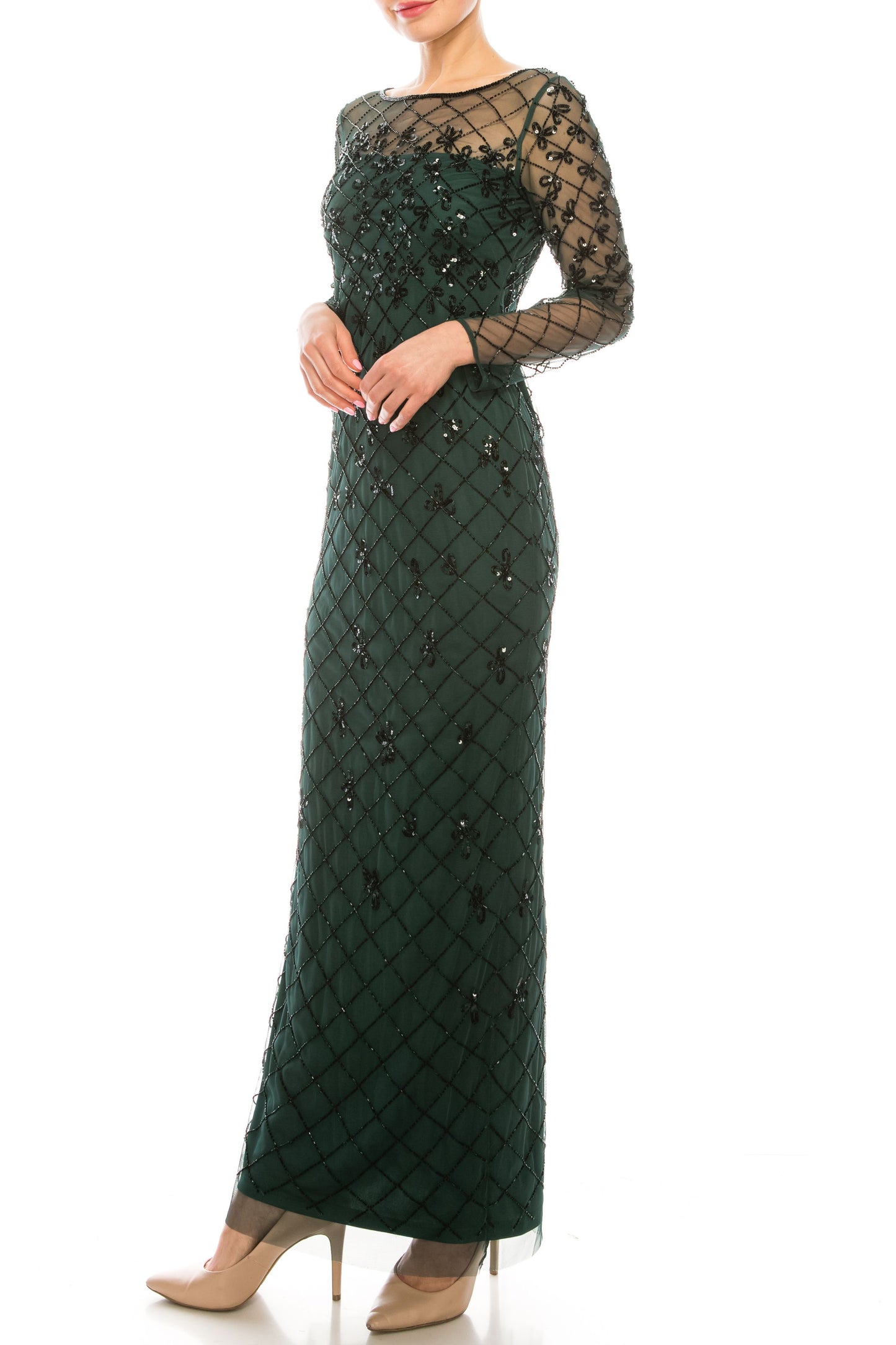 Adrianna Papell Long Sleeve Beaded Gown