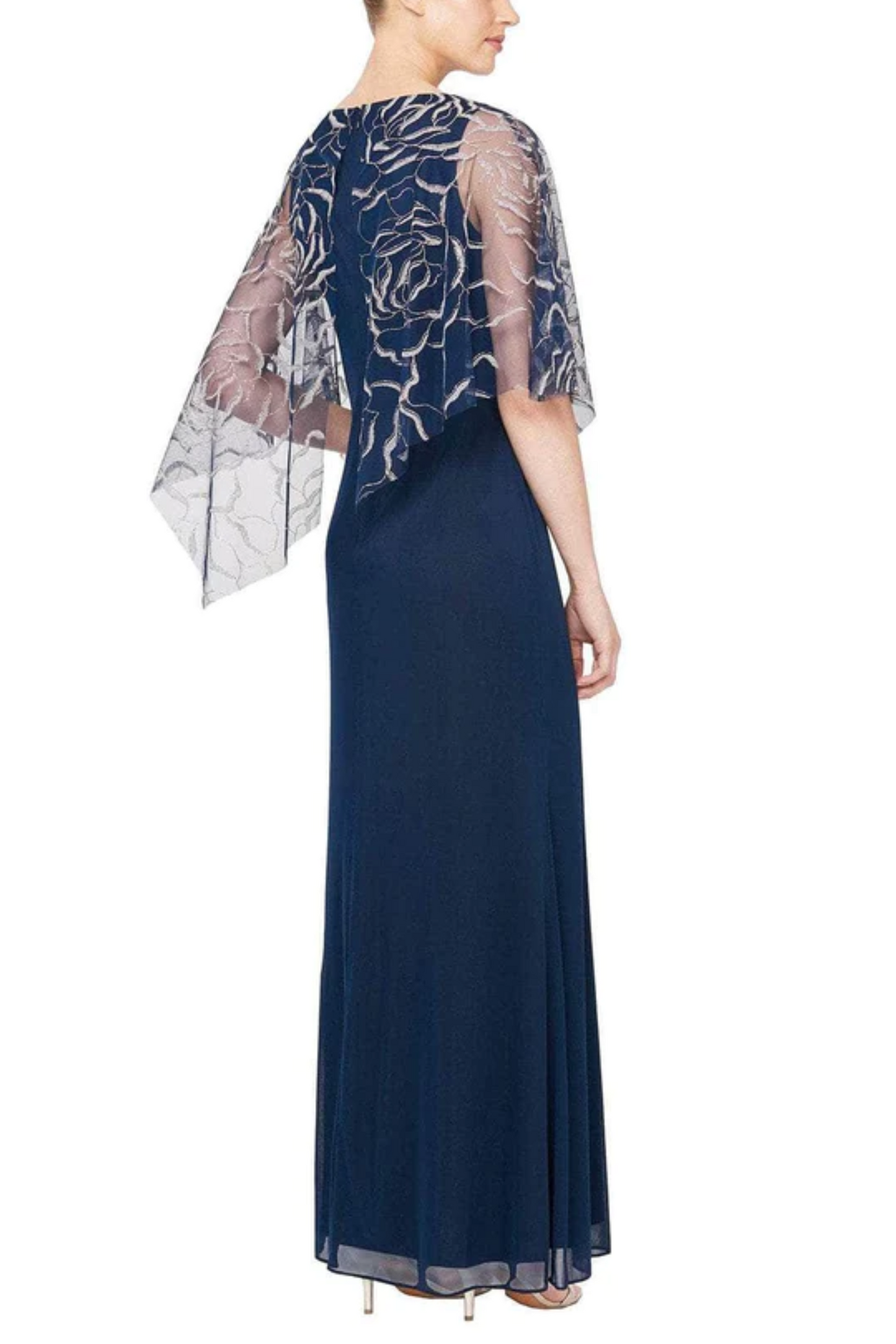 SLNY Floral Metallic Tulle Long Dress